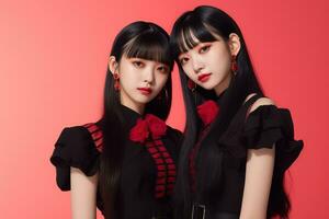 Portrait of two beautiful asian women in black dress on red background Ai generated photo