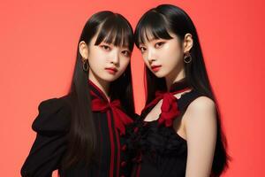 Portrait of two beautiful asian women in black dress on red background Ai generated photo