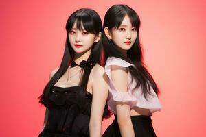 Portrait of two beautiful asian women in black dress on red background Ai generated photo