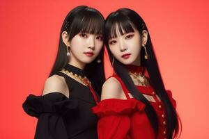 Portrait of two beautiful asian women in black dress on red background Ai generated photo