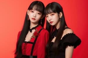 Portrait of two beautiful asian women in black dress on red background Ai generated photo