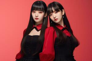 Portrait of two beautiful asian women in black dress on red background Ai generated photo