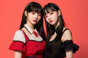 Portrait of two beautiful asian women in black dress on red background Ai generated photo