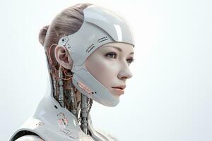 Portrait of a robot in a white futuristic interior,Artificial intelligence concept Ai generated photo