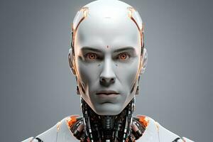 retrato de un robot en un blanco futurista interiores, artificiales inteligencia concepto ai generado foto