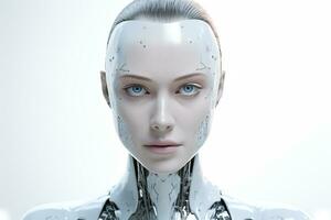 Portrait of a robot in a white futuristic interior,Artificial intelligence concept Ai generated photo