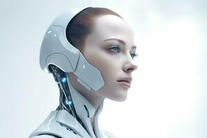 Portrait of a robot in a white futuristic interior,Artificial intelligence concept Ai generated photo