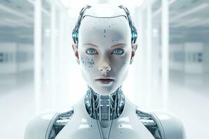 Portrait of a robot in a white futuristic interior,Artificial intelligence concept Ai generated photo