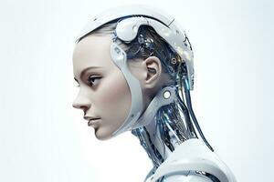 Portrait of a robot in a white futuristic interior,Artificial intelligence concept Ai generated photo