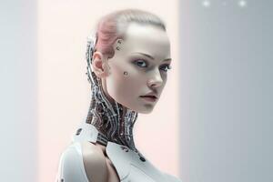 Portrait of a robot in a white futuristic interior,Artificial intelligence concept Ai generated photo