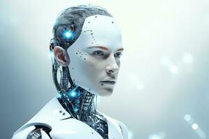 Portrait of a robot in a white futuristic interior,Artificial intelligence concept Ai generated photo