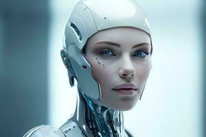 Portrait of a robot in a white futuristic interior,Artificial intelligence concept Ai generated photo