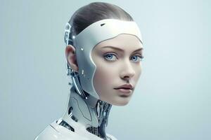 Portrait of a robot in a white futuristic interior,Artificial intelligence concept Ai generated photo