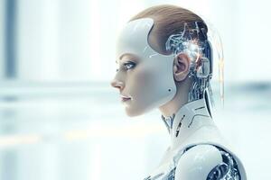 Portrait of a robot in a white futuristic interior,Artificial intelligence concept Ai generated photo
