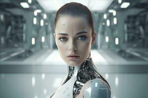 Portrait of a robot in a white futuristic interior,Artificial intelligence concept Ai generated photo