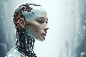 Portrait of a robot in a white futuristic interior,Artificial intelligence concept Ai generated photo