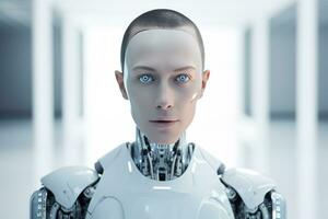 Portrait of a robot in a white futuristic interior,Artificial intelligence concept Ai generated photo