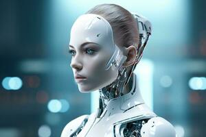 Portrait of a robot in a white futuristic interior,Artificial intelligence concept Ai generated photo