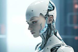 Portrait of a robot in a white futuristic interior,Artificial intelligence concept Ai generated photo