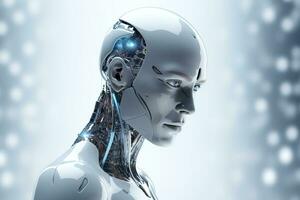 Portrait of a robot in a white futuristic interior,Artificial intelligence concept Ai generated photo