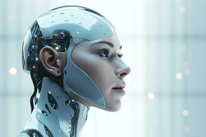 Portrait of a robot in a white futuristic interior,Artificial intelligence concept Ai generated photo
