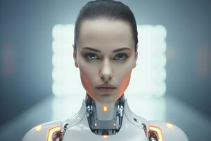 Portrait of a robot in a white futuristic interior,Artificial intelligence concept Ai generated photo