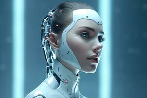 Portrait of a robot in a white futuristic interior,Artificial intelligence concept Ai generated photo