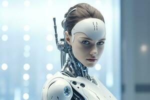 Portrait of a robot in a white futuristic interior,Artificial intelligence concept Ai generated photo