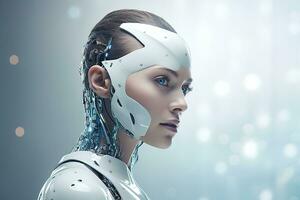 Portrait of a robot in a white futuristic interior,Artificial intelligence concept Ai generated photo