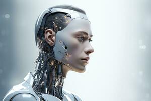 Portrait of a robot in a white futuristic interior,Artificial intelligence concept Ai generated photo