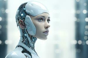 Portrait of a robot in a white futuristic interior,Artificial intelligence concept Ai generated photo