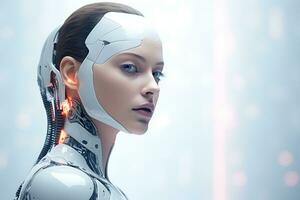 Portrait of a robot in a white futuristic interior,Artificial intelligence concept Ai generated photo