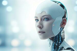 Portrait of a robot in a white futuristic interior,Artificial intelligence concept Ai generated photo
