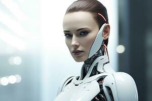 Portrait of a robot in a white futuristic interior,Artificial intelligence concept Ai generated photo