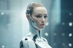 Portrait of a robot in a white futuristic interior,Artificial intelligence concept Ai generated photo