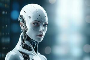 Portrait of a robot in a white futuristic interior,Artificial intelligence concept Ai generated photo