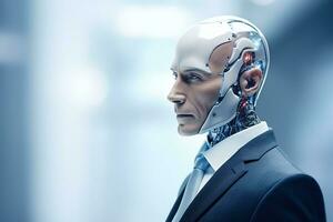 Portrait of a robot in a white futuristic interior,Artificial intelligence concept Ai generated photo