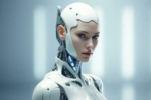 Portrait of a robot in a white futuristic interior,Artificial intelligence concept Ai generated photo