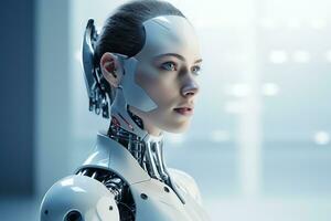 Portrait of a robot in a white futuristic interior,Artificial intelligence concept Ai generated photo