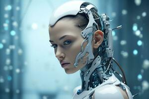 Portrait of a robot in a white futuristic interior,Artificial intelligence concept Ai generated photo