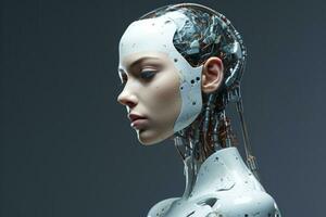 Portrait of a robot in a white futuristic interior,Artificial intelligence concept Ai generated photo