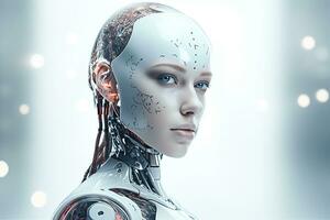 Portrait of a robot in a white futuristic interior,Artificial intelligence concept Ai generated photo