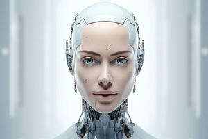 Portrait of a robot in a white futuristic interior,Artificial intelligence concept Ai generated photo