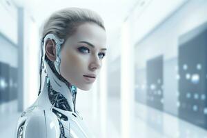 Portrait of a robot in a white futuristic interior,Artificial intelligence concept Ai generated photo