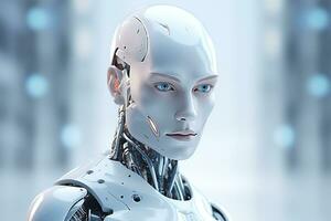 Portrait of a robot in a white futuristic interior,Artificial intelligence concept Ai generated photo