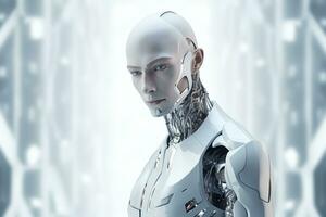 Portrait of a robot in a white futuristic interior,Artificial intelligence concept Ai generated photo