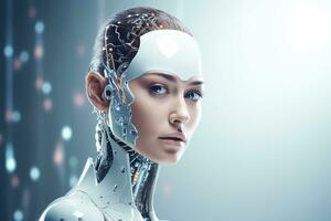 Portrait of a robot in a white futuristic interior,Artificial intelligence concept Ai generated photo