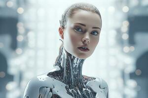 Portrait of a robot in a white futuristic interior,Artificial intelligence concept Ai generated photo