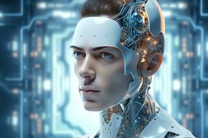 Portrait of a robot in a white futuristic interior,Artificial intelligence concept Ai generated photo