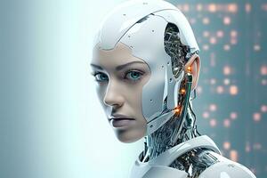 Portrait of a robot in a white futuristic interior,Artificial intelligence concept Ai generated photo